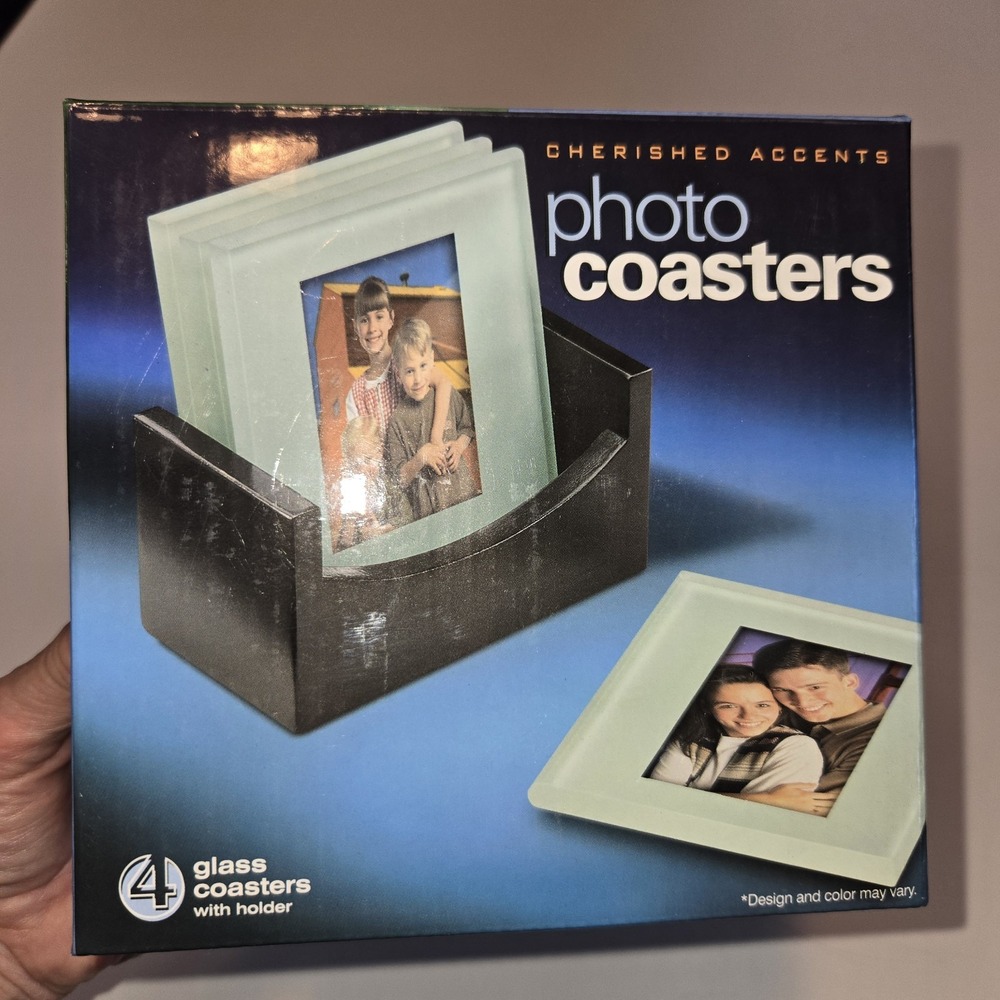 Cherished Accents 4‎ Glass Photo Coasters with Holder New in Box